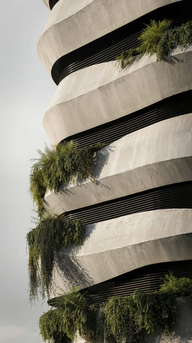Detalhe de varandas curvas e jardineiras em fachada residencial